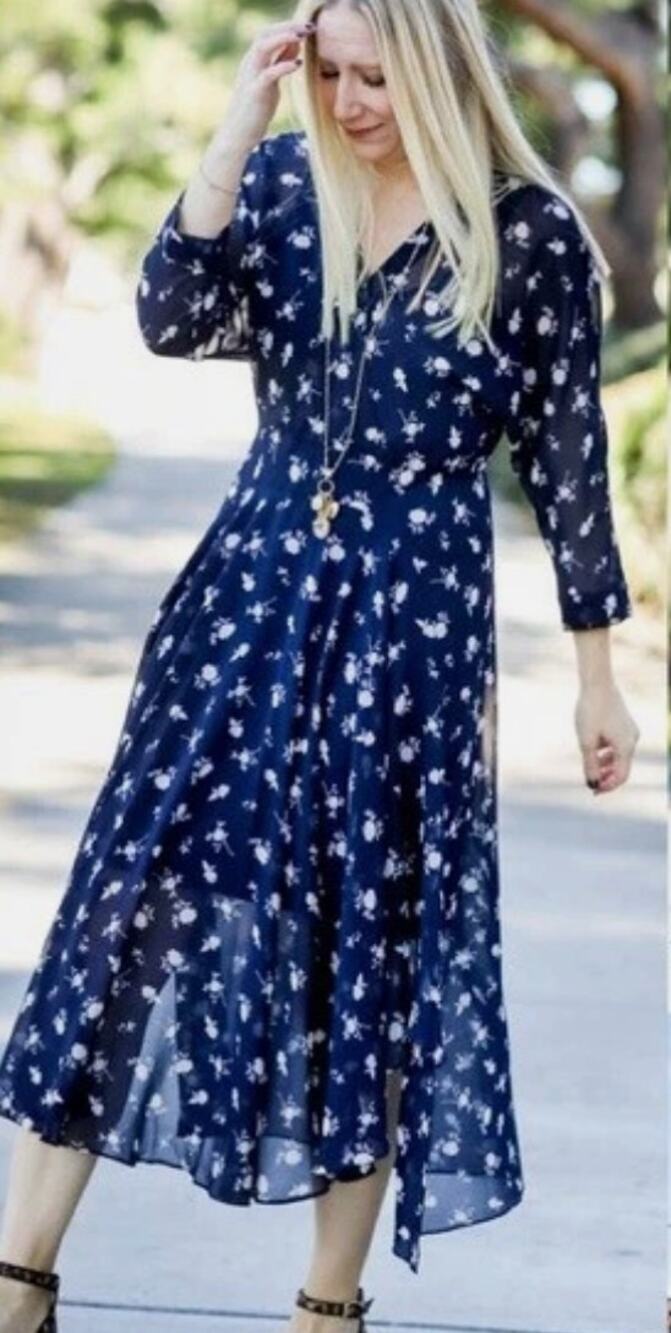 Cabi 16 Navy Floral Sheer Midi Dress Long Sleeve V-Neck Pullover Style 5575
